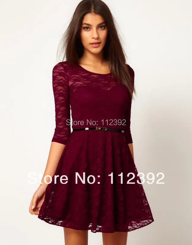 2014 Autumn Winter Hot Women Fashion Lace Casual Dress Half Sleeve Elegant One-piece dress Woman With Belts High Street | Женская одежда