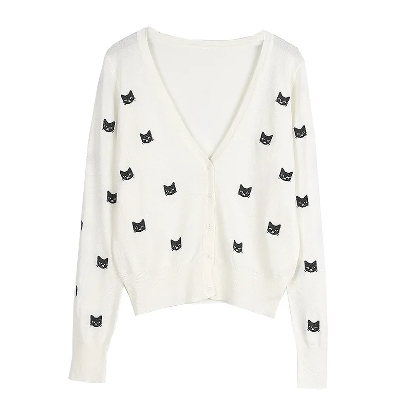 High End Quality 2018 New Autumn Style Long Sleeved V-neck Slim Cat Embroidered Short Knitted Cardigan Red Black White Sweater |