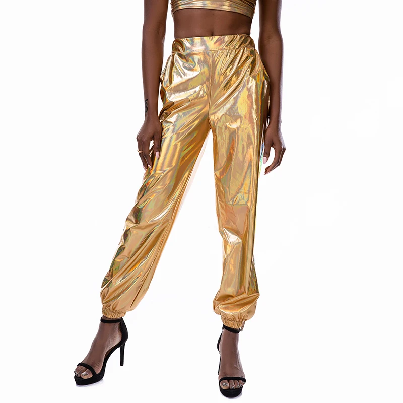 

CUHAKCI Gold Jogging Ladies Pants High Waist Trousers Women Streetwear Hip Hop Pant Girls Dance Polyester Silver Clubwear