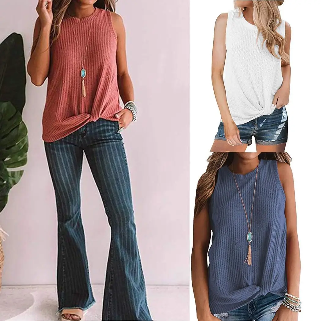 Женские плотные без рукавов в повседневном стиле с круглым вырезом спереди синий