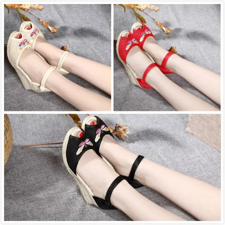 Old Beijing Cloth Shoes Women Summer Ethnic Wedges Sandals Fish Mouth Embroidered Peep Toe | Обувь