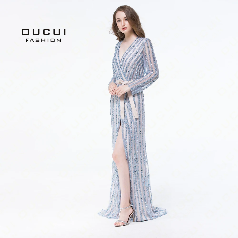 Robe de marie длинное вечернее платье ручной работы с бусинами элегантные вечерние платья с длинными рукавами синего цвета OL102933