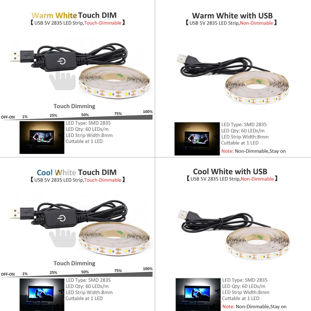 Fita USB Светодиодная лента с подсветкой 5 в 2835 5050 RGB сенсорная лента с регулируемой яркостью, светильник с лентой, Настольная декоративная лампа для ТВ фона, Смещенный светильник ing