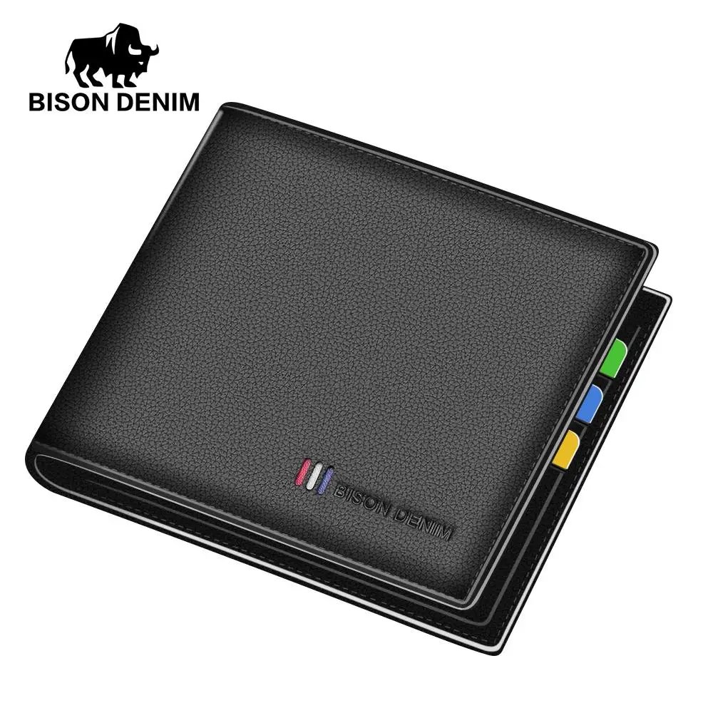 BISON DENIM роскошный мужской кошелек из натуральной кожи, Тонкий деловой мужской двойной кошелек, брендовый держатель для карт, кошелек - Цвет: Черный