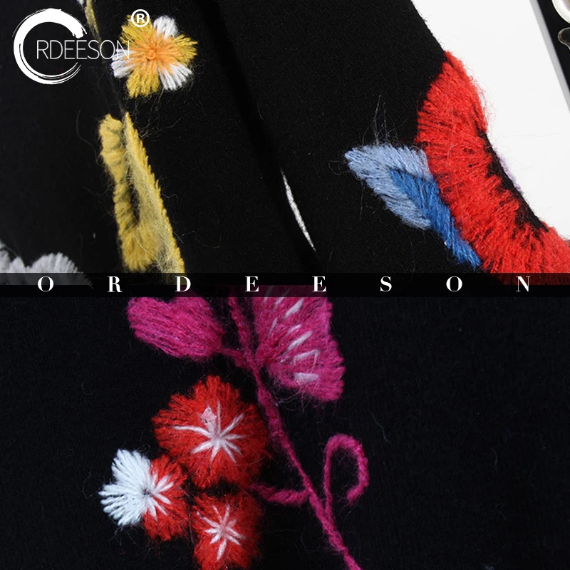 ORDEESON Flowers Embroidery Women Sweaters and Pullovers Jumper winter round neck Knitted Sweater Black Tops Jersey | Женская одежда