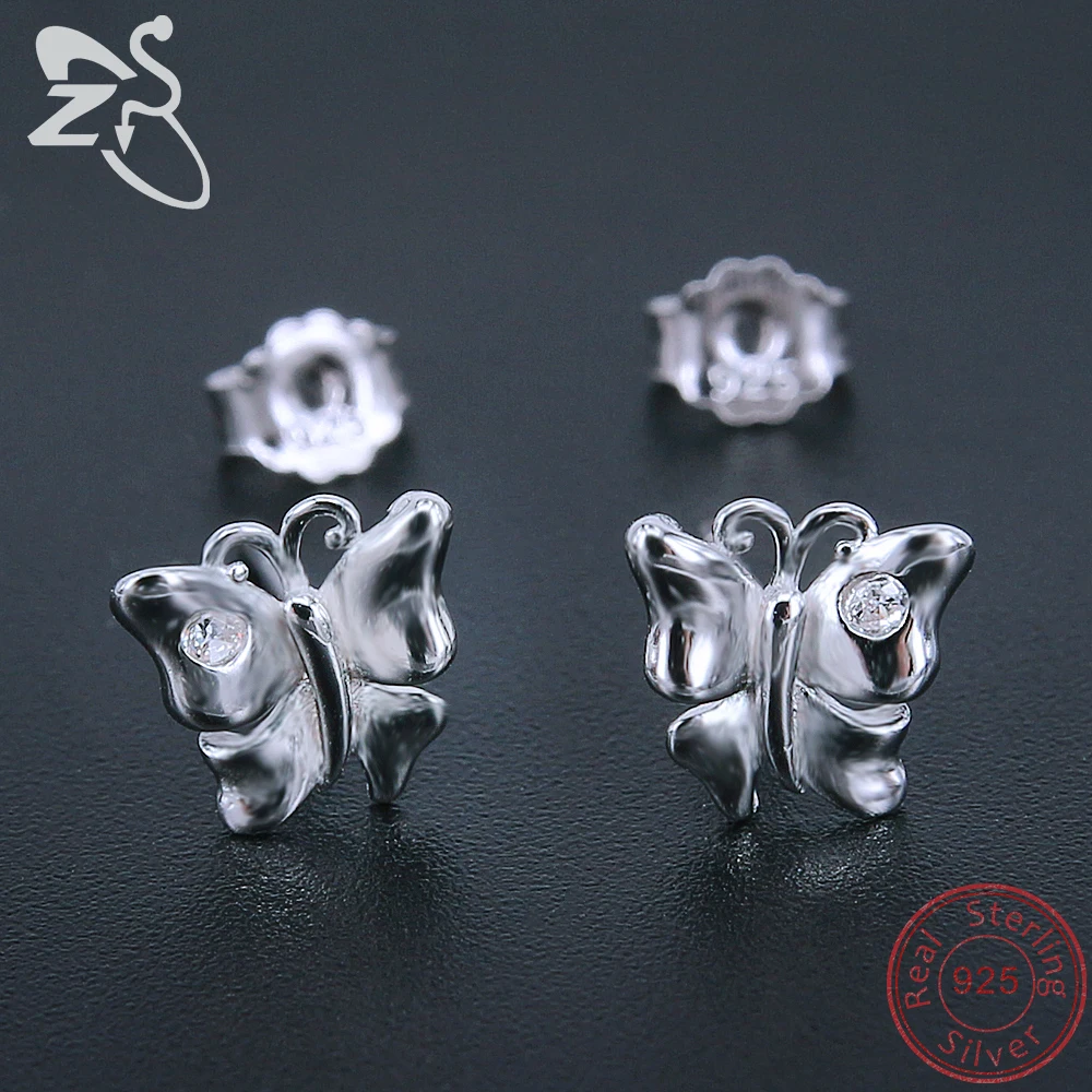 ZS 925 Sterling Silver Butterfly Earrings with Clear Crystal Stud Cute for Girls Kids Animal Oorbellen Jewelry | Украшения и