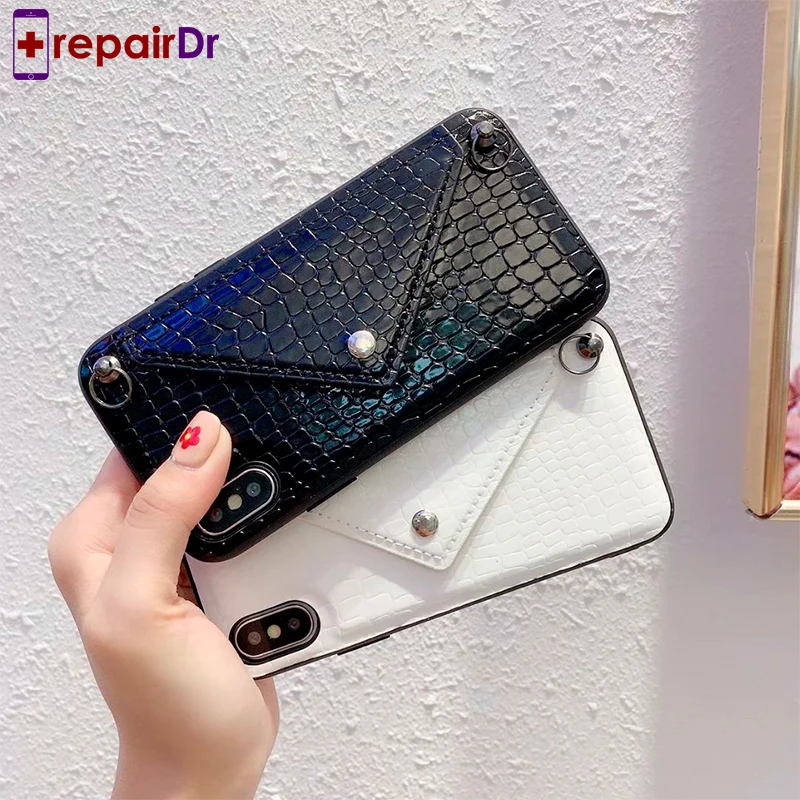 Luxury Case For iPhone XR XS Max Credit Card Snake Skin Phone Case For iPhone 6 7 8 Plus Wallet Strap Crossbody Long Chain Cover