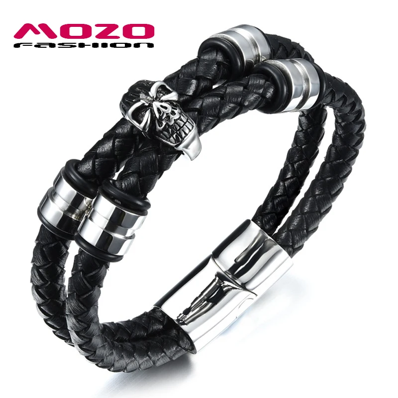 Mozo Fashion Для мужчин Нержавеющая сталь двойной Слои черная кожаная цепь браслеты с подвесками Браслеты череп Браслеты& браслеты ювелирные изделия для панков кольца PS2099
