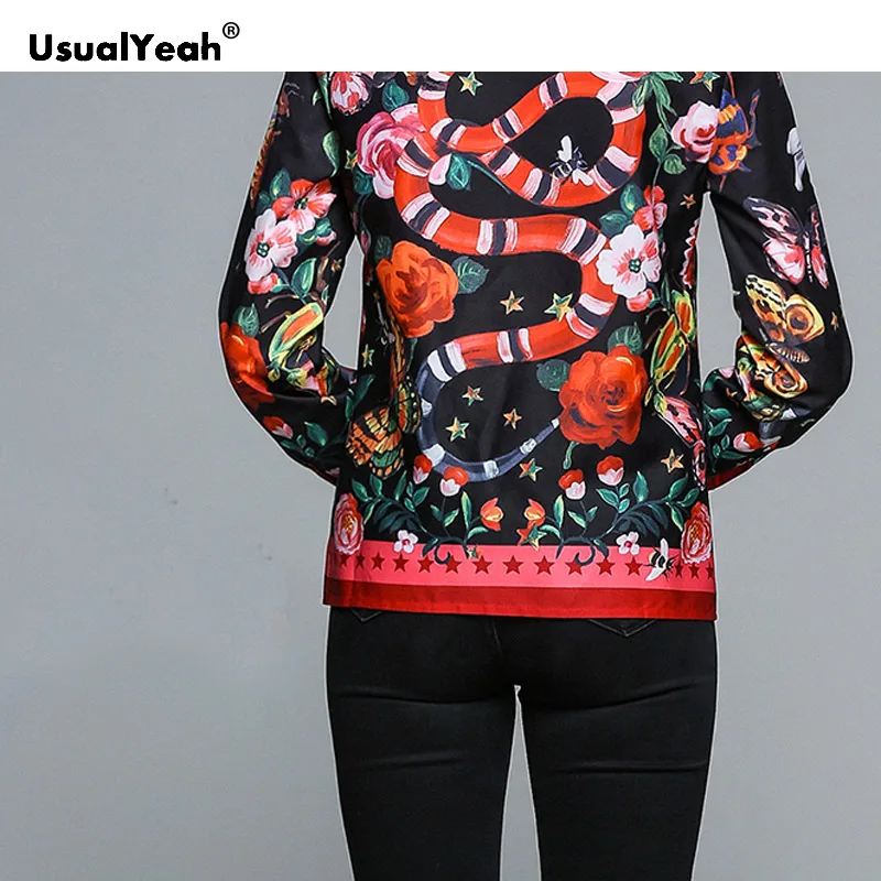 

UsualYeah Black Animal Print Shirts Butterfly Snake Pattern Blouse Bow Embellished Turn Down Collar Vintage Floral Ladies Tops