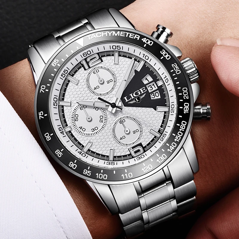 Мужские часы LIGE спортивные водонепроницаемые кварцевые деловые с секундомером