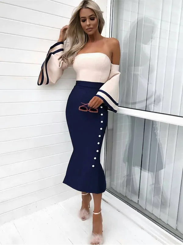 Женщины flare рукавом цвет блока без бретелек Сексуальная bodycon Бинт Эластичный