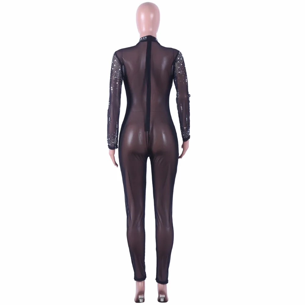 Для женщин Mock Neck Jumpsuit блесток горный хрусталь Алмазы комбинезоны с длинным рукавом Тощий комбинезон Клубная одежда Вечерние Одна деталь комбинезон