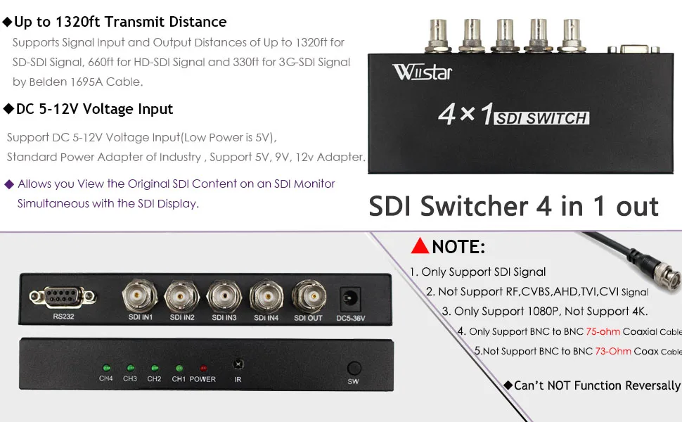 Wiistar переключатель SDI 4x1 концентратор SDI Интеллектуальный удлинитель с переключателем 4 в 1 конвертер для 3g HD SD монитор безопасности камеры видеонаблюдения