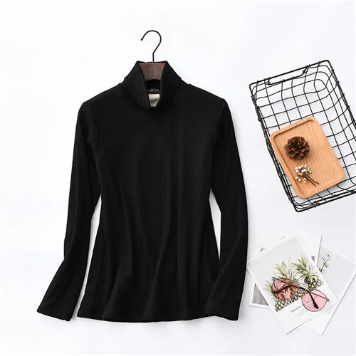 D00262 black Толстая футболка для женщин, Осень-зима, хлопковые женские футболки с высоким воротом, одноцветные Топы в полоску, бархатные Повседневные базовые женские футболки, D262 - Цвет: D00262 black
