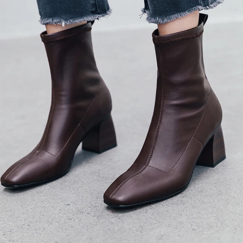 ISNOM High Heels Wood Ankle Boots Women Square Toe Party Booties Woman Leather Shoes Female Slip On Shoes Ladies Autumn New