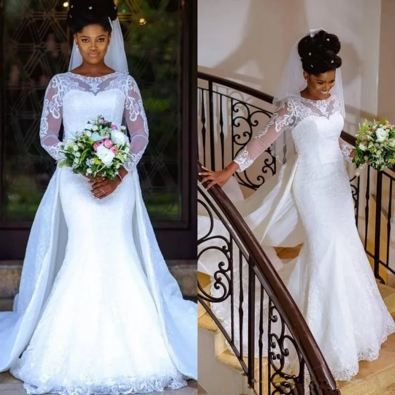

Spring Country Lace Mermaid Wedding Dress with Sleeves Detachable Train Jewel Neck White African Nigerian Lace Bridal Gown 2021