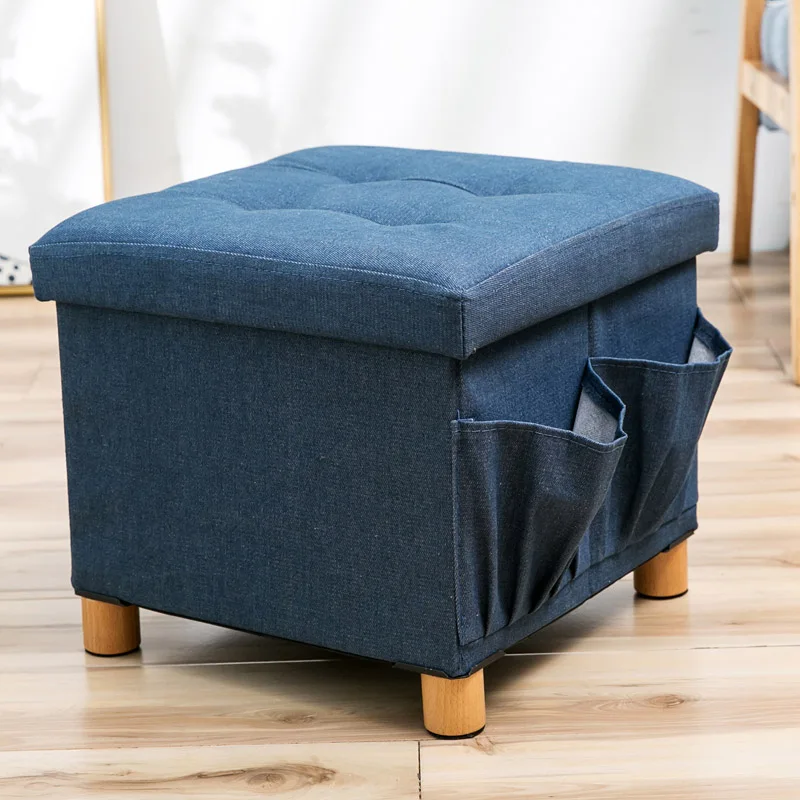 blue S Denim fabric ottoman solid wood four feet storage stool fitting room creative slipper side pocket change shoe bench foldable - Цвет: blue S