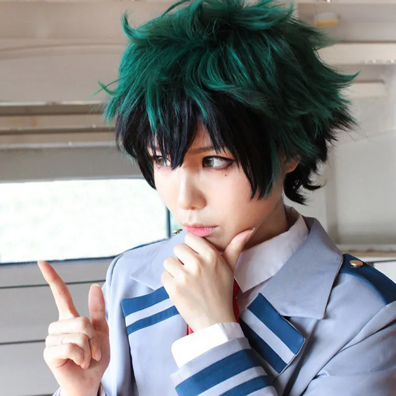 

Термостойкий аниме-парик и шапочка для косплея My Hero Academia Boku no Hiro Akademia Izuku Midoriya, короткий, зеленый, черный, Омбре