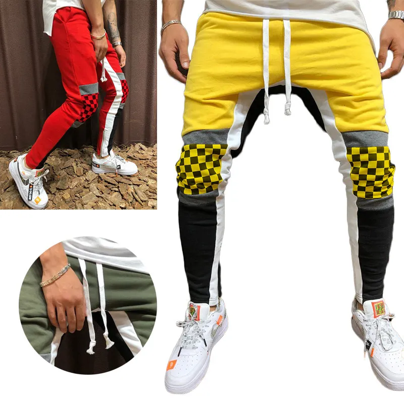 Модные обтягивающие мужские спортивные штаны весна-осень 2019 клетчатые