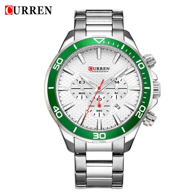 white white green Curren Мужские часы от ведущего бренда, Роскошные Кварцевые военные часы из нержавеющей стали, наручные мужские часы с хронографом, наручные часы с датой 8309 - Цвет: white white green