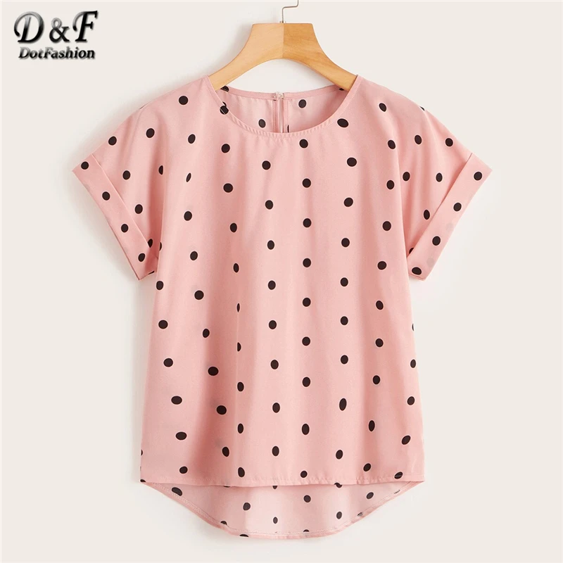 Dotfashion/Женская блузка в горошек с вырезом-лодочкой на спине, летняя повседневная одежда с коротким рукавом, модные женские топы и блузки