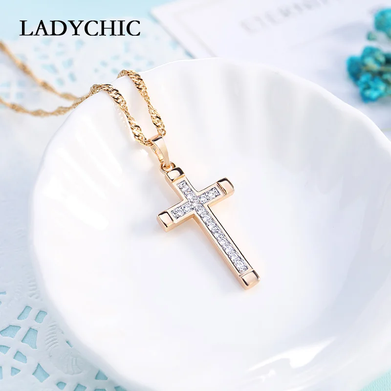 Женская подвеска с крестом LADYCHIC ожерелье золотистого цвета кристаллами длинная