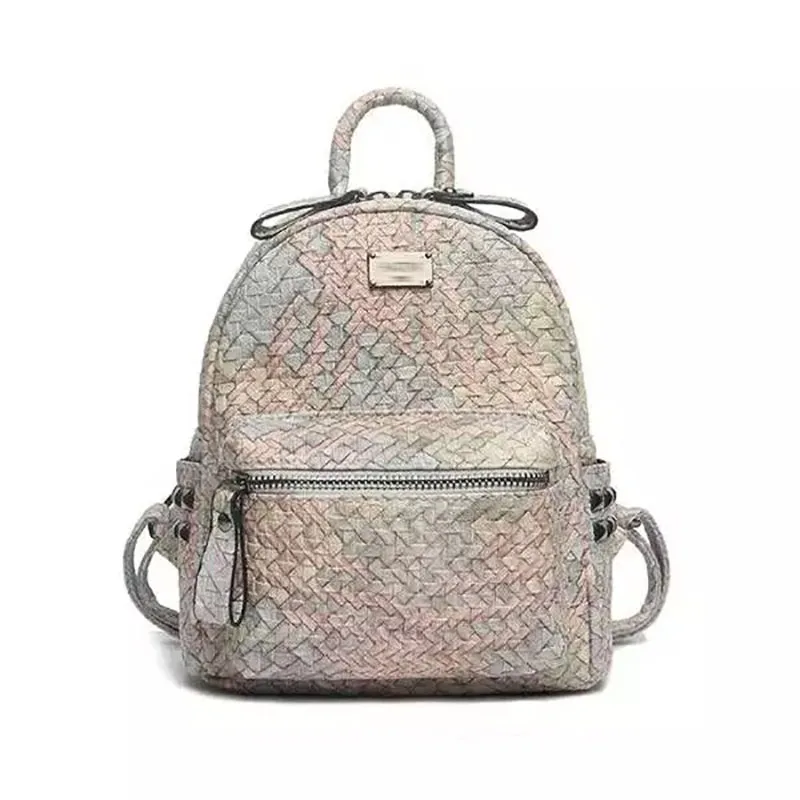 Small gray pink Милый кожаный рюкзак, модный тканый рюкзак для путешествий, Женский дизайнерский рюкзак высокого качества, женские рюкзаки, женский рюкзак - Цвет: Small gray pink