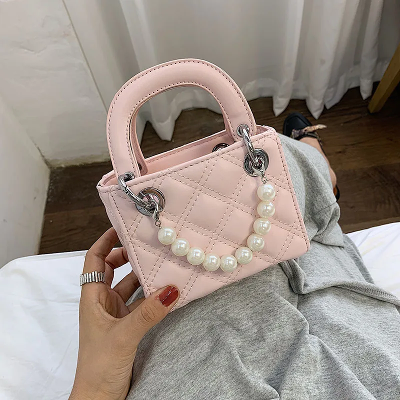 Pink small Элегантная женская маленькая сумка-тоут с жемчугом летняя новая качественная женская дизайнерская сумка из искусственной кожи сетчатые сумки через плечо - Цвет: Pink small