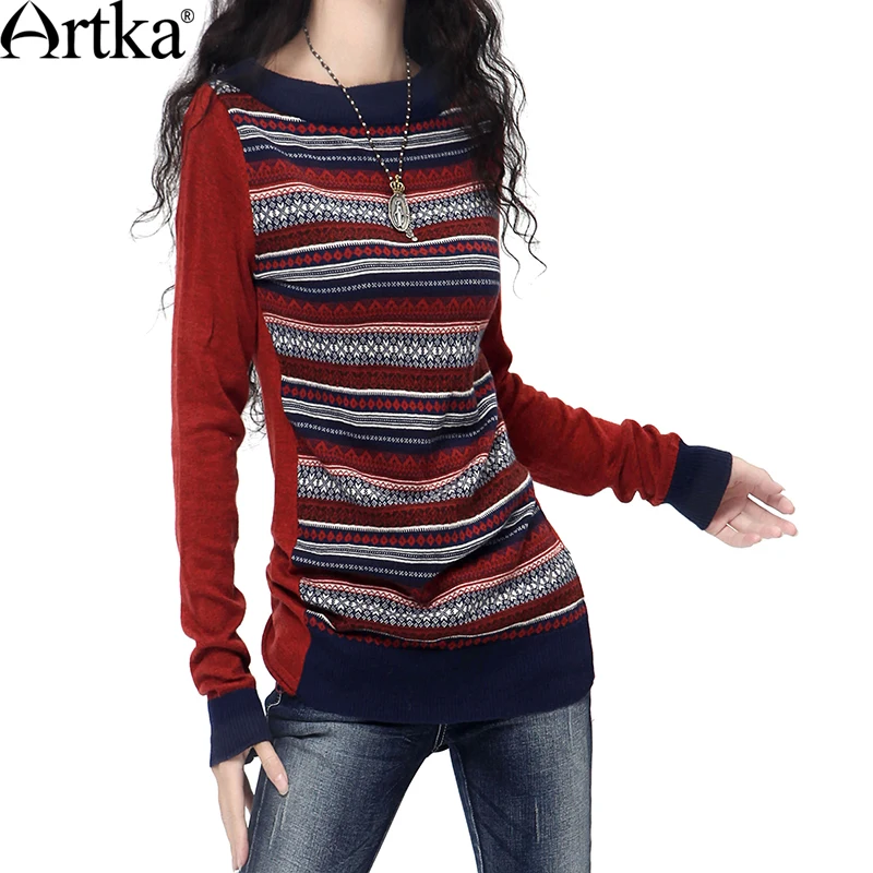 ARTKA Women's Spring Casual Fashion O-Neck Full Sleeve Pullover Striped Pattern Loose Female Sweater Red Pullovers YB18036Q | Женская