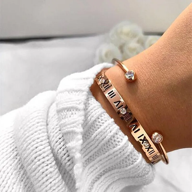 bangle set Mavis Hare 6 мм широкий Римский номер нержавеющая сталь манжеты Открытый браслет для запястья с прозрачный циркониевый Кристальный для женщин лучший подарок - Окраска металла: bangle set