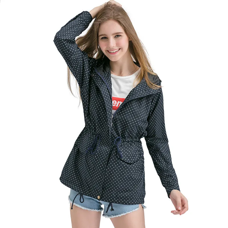 Женский тонкий Тренч в горошек трапециевидный средней длины с длинным рукавом и