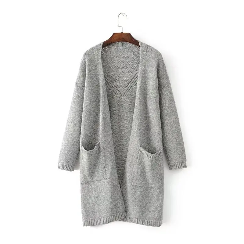 Women Slim Fit Knitted Sweaters Long Cardigan Autumn Winter Back Hollow Out Oversized Sweater Big Pockets |