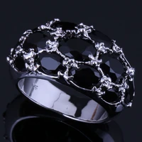 attractive oval black cubic zirconia silver plated ring v0587