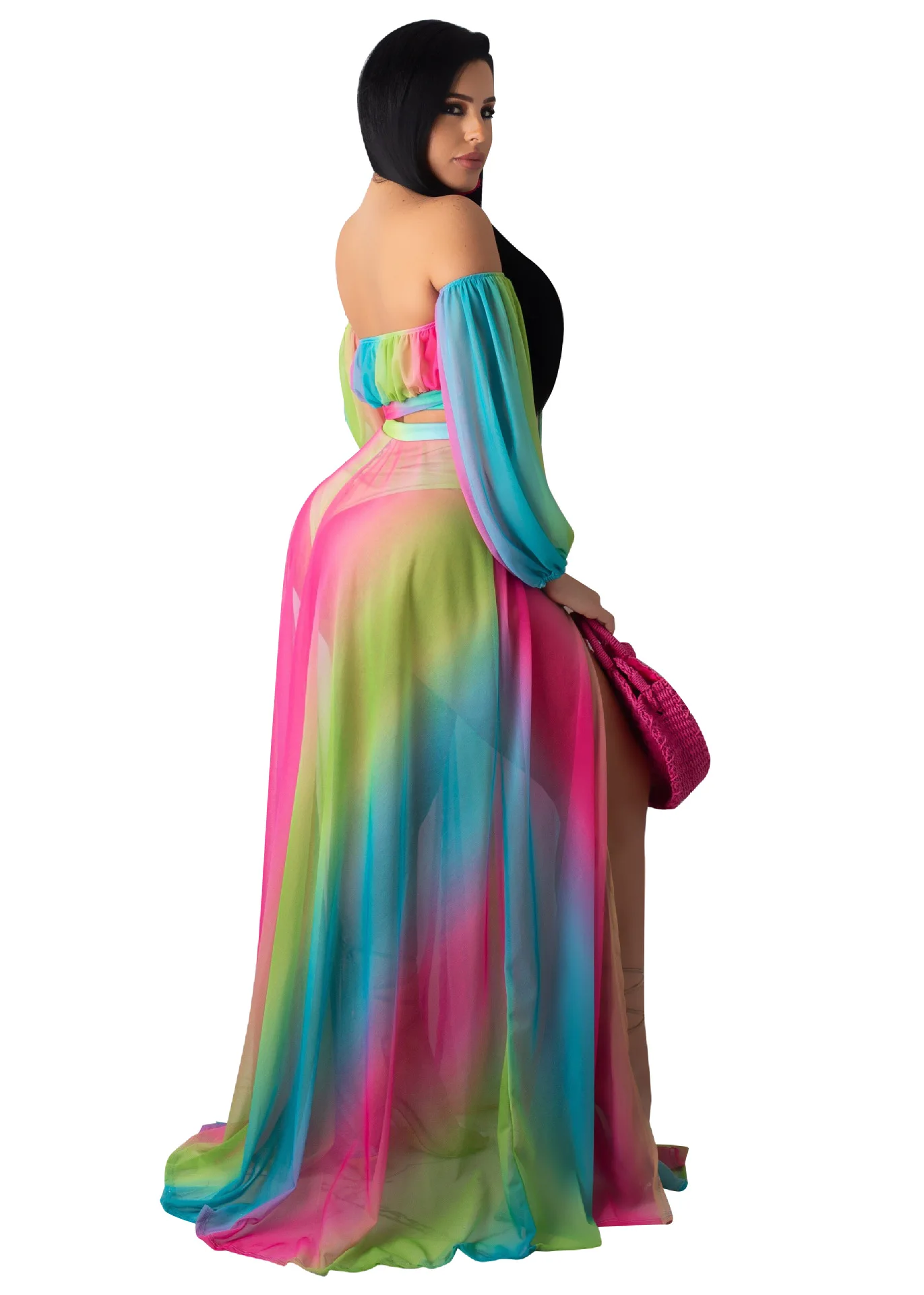 Летняя женская сетчатая шифоновая кроп топ с длинным рукавом и открытыми плечами