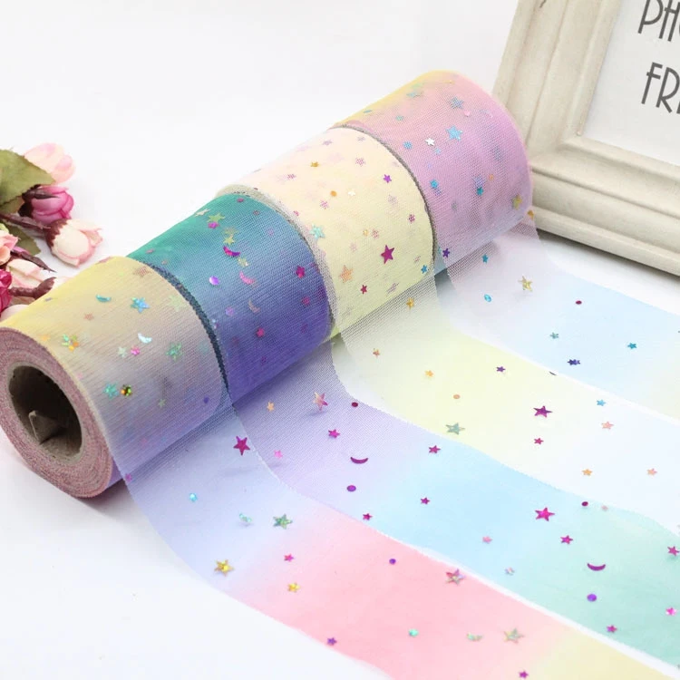 

Hot sale 6CM DIY new rainbow sequins mesh yarn stars the moon gradient mesh yarn handmade hair accessory material 2meters/lot