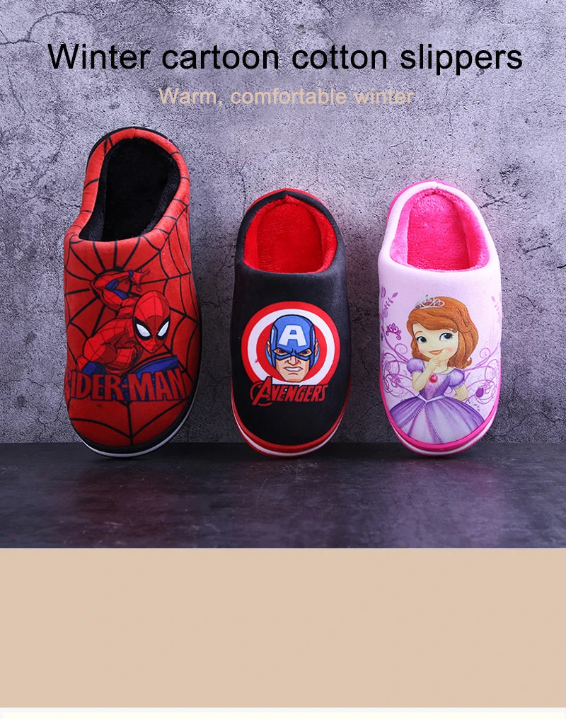 Обувь disney; шлепанцы для детей; зимние детские Нескользящие теплые мягкие тапочки для мальчиков и девочек с рисунком Человека-паука; хлопковые тапочки