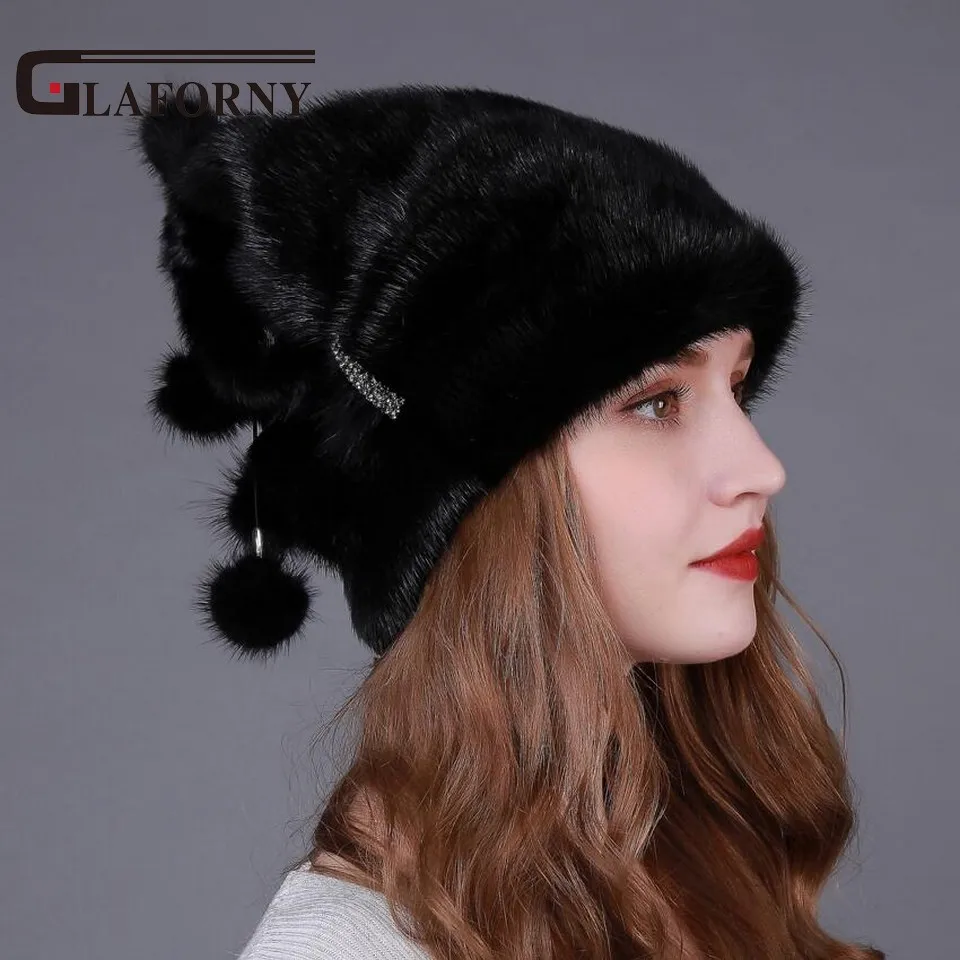 Glaforny, новинка, женские шапки из натурального меха норки, полностью норковые меховые шапки, лучшие рождественские теплые меховые шапочки с 3 норковыми меховыми шариками