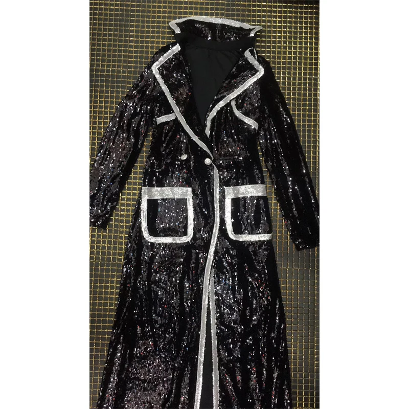 Женское длинное пальто с блестками черное облегающее Коктейльное Платье макси