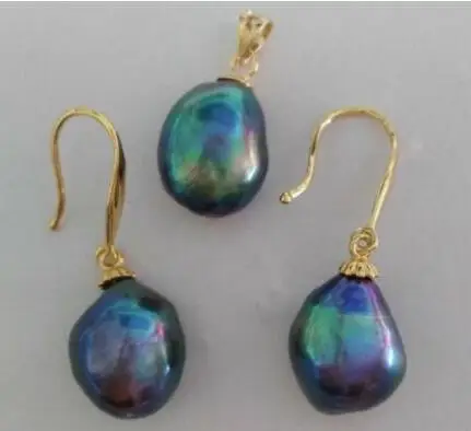 

free shipping jewelry 11-12mm natural south seas peacock green pearl pendant earrings