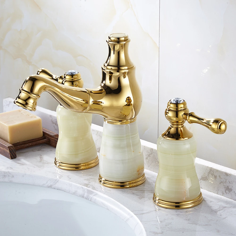 

New arrival high quality gold brass & Jade water tap luxury 8 " widespread bathroom sink faucet pull out basin faucet,tap mixer