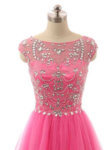 

Fuchsia Evening Dresses A-line Cap Sleeves Tulle Beaded Crystals Women Elegant Long Evening Gown Prom Dress Robe De Soiree