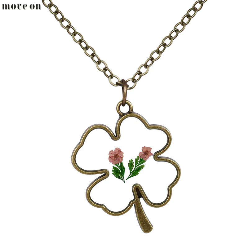 Массивная бижутерия ожерелье с сухим цветком растением клевером парные ожерелья