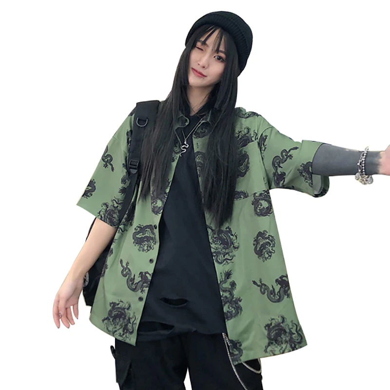 Lychee Harajuku с принтом дракона, женская рубашка, блузка, Темный Короткий рукав, отложной воротник, свободные летние зеленые женские рубашки, блузки