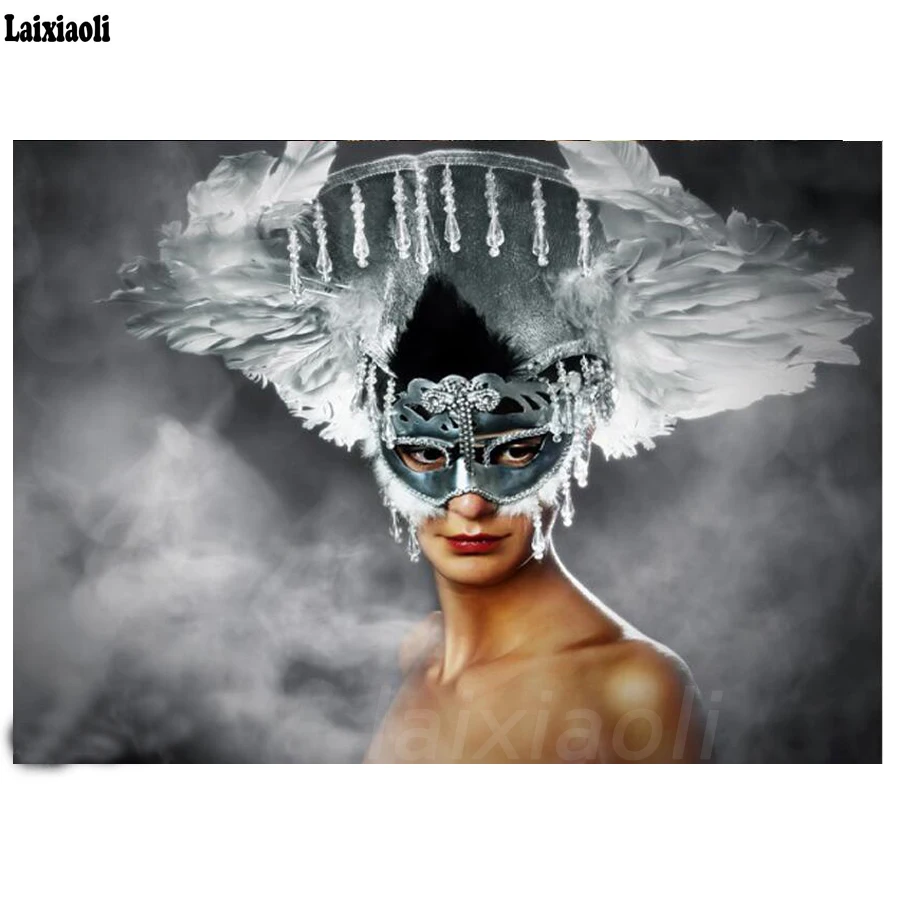 

Полная квадратная Алмазная вышивка, девушка перо маска 5D DIY алмазная живопись портрет изображение Стразы Вышивка крестом домашний декор