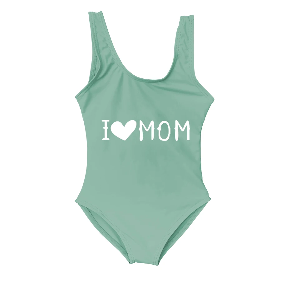 Kid Light Green Детский цельный купальник для родителей и дочки, детский купальник с надписью «I Love Mama», Цельный купальник для девочек, детские купальники - Цвет: Kid Light Green