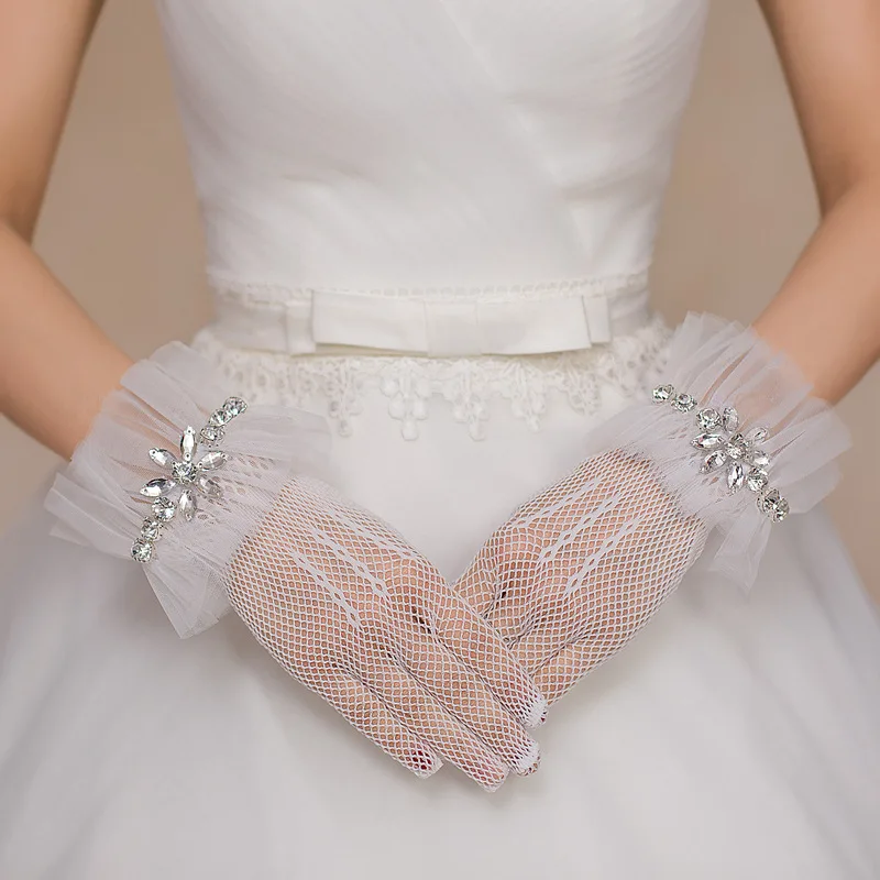 JaneVini 2018 High Quality Lace White Bridal Gloves Full Finger Women Short Crystal for Wedding Wrist Length Guanti Pizzo | Свадьбы и