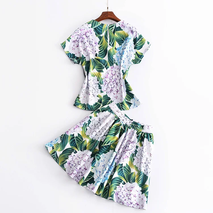 

Customized Women's Suit Set 2017 New Runway Designer Green Leaves Hydrangea Flower Print Top+ Short Skirt Suit