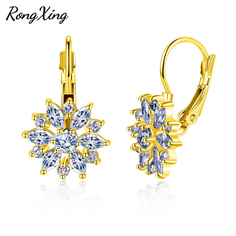 RongXing Shining White Snowflake Hoop Earrings For Women Silver/Gold Filled Marquise Cut Stone Zircon Birthstone Gifts | Украшения и