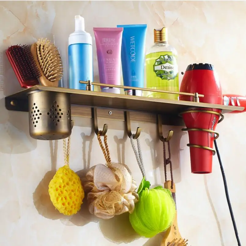 

Bathroom antique brass bathroom shelf with hair dryer holder bathroom shelf with hooks basket for bathroom holder