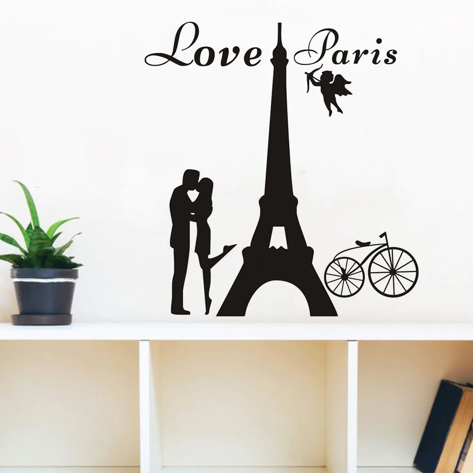 DCTOP Angels Love Paris настенные наклейки для влюбленных поцелуев и велосипедных цитатами